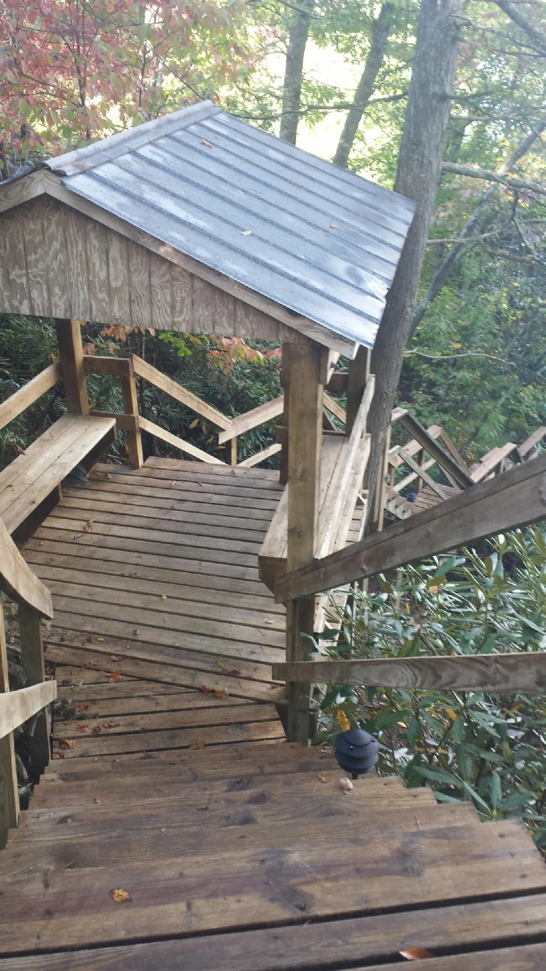 Metal roofed shelter over wooden steps on a wooded walkway — Skylight Repair & Installation work by our crew in Ferdinand